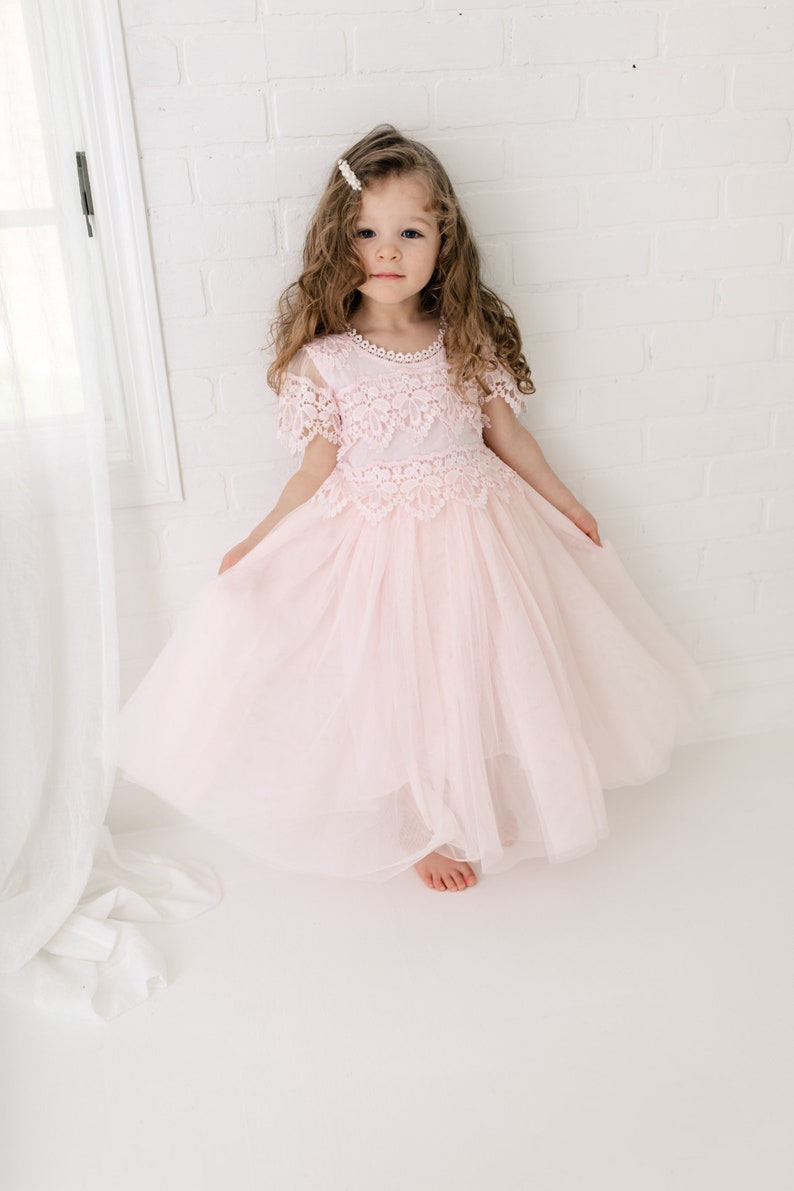 Beach Wedding Pink Tulle Wedding Dress Country Wedding Dress Blush Long Flower Girl Dress