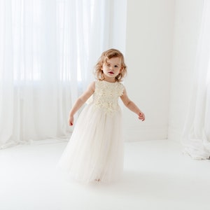May include: A young girl in a white tulle dress with a floral design on the bodice. She is standing in a white room with white curtains.