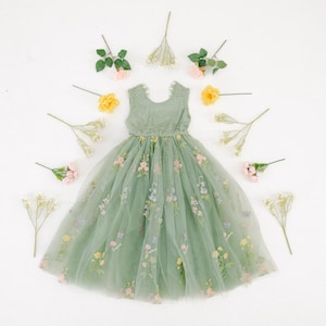 Boho Sage Green Wedding Dress, Lace Flower Girl Dress, Rustic Floral Embroidery, Bohemian Butterfly Dresses