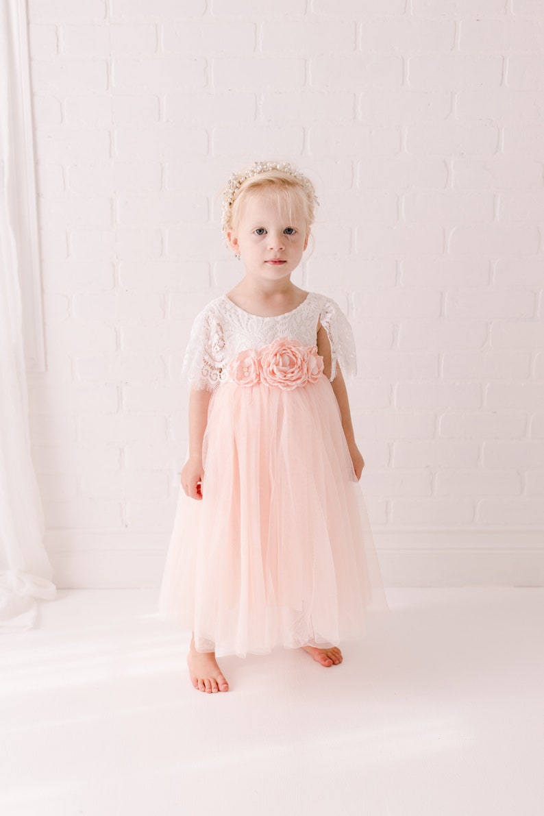 Blush Pink Tulle Short Sleeve Wedding Gown, White Lace Floor Length Flower Girl Dress, Ball Gown, Boho Chic Beach, Dusty Rose Spring. Aria image 7