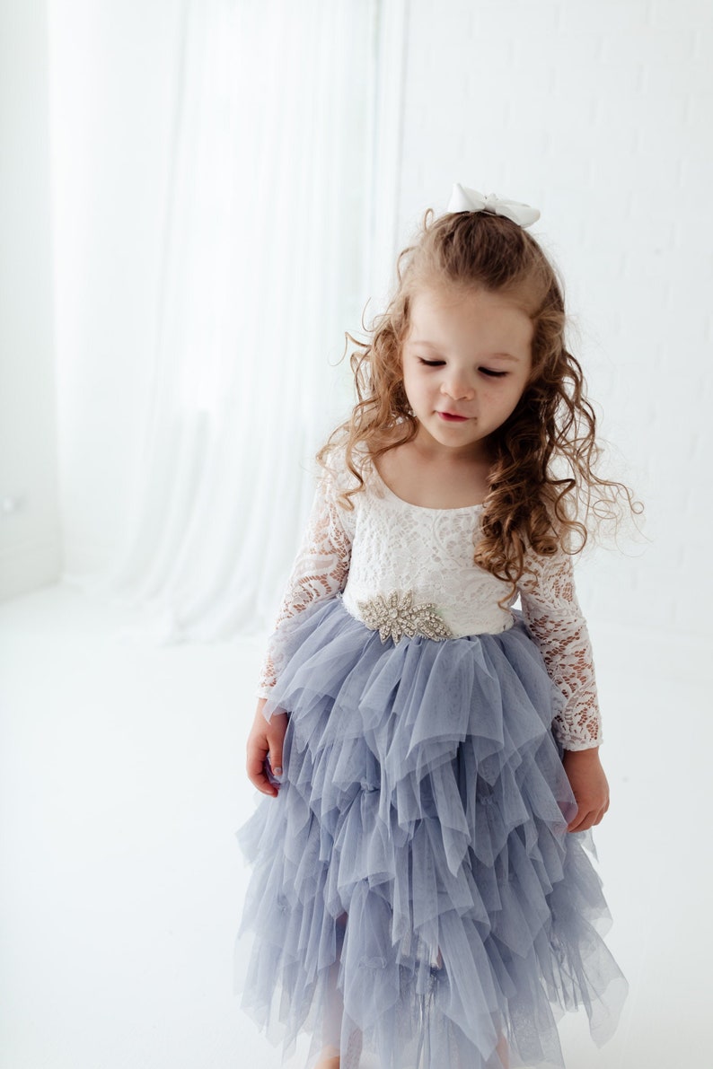 Dusty Blue Tulle Flower Girl Dress White Lace Girls Dresses Etsy