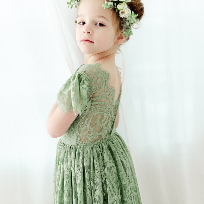 Vestido de niña de flores verde salvia, vestido de novia de tul boho rústico, vestidos boho verdes, vestido de encaje adolescente imagen 4