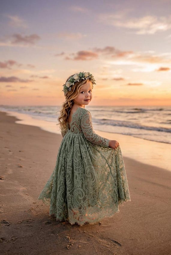 Bohemian Sage Green Flower Girl Dress, Rustic Moss Lace Tulle Wedding Dresses for Girls, Beach Ceremony Wedding Gown Bohemian Sage Green Flower Girl Dress, Rustic Moss Lace Tulle Wedding Dresses for Girls, Beach Ceremony Wedding Gown
