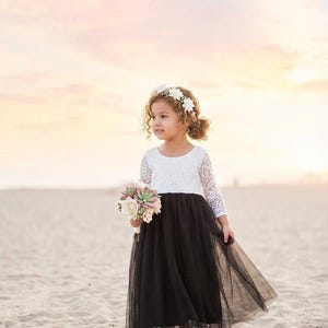Boho Black Flower Girl Dress, Lace Wedding Gown for Girls, Romantic White or Little Black Dress for Princess image 2