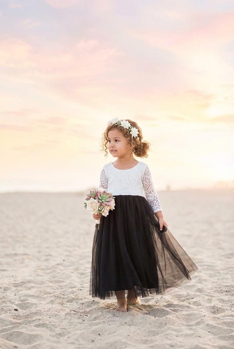 Boho Black Flower Girl Dress, Lace Wedding Gown for Girls, Romantic White or Little Black Dress for Princess image 2