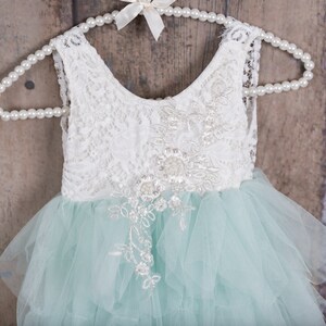 White Lace Flower Girl Dress, Baby Tulle Wedding dress, Mint Green Tutu Dress, Elegant Boho Chic, Couture, Pearl Bead Detail, Shabby Chic image 3