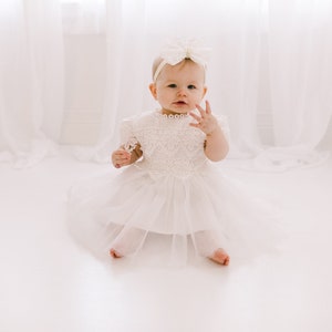 Lace Christening Gown, White Baptism Dress, White Flower Girl Dress, Boho Linen Christening Dress image 6