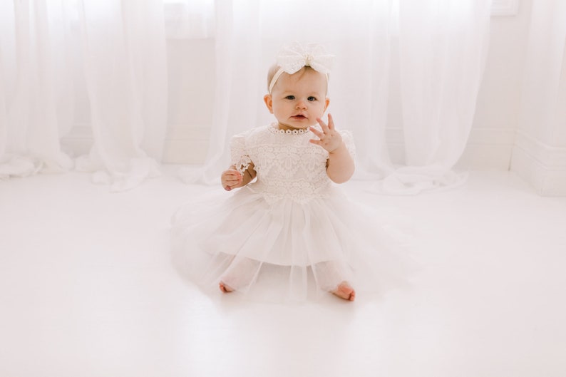 Lace Christening Gown, White Baptism Dress, White Flower Girl Dress, Boho Linen Christening Dress image 6