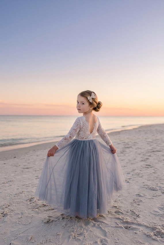 Dusty Blue Flower Girl Dress with White Lace, Long Sleeve Wedding Dress for Girls, Romantic Gray Junior Bridesmaid Gown