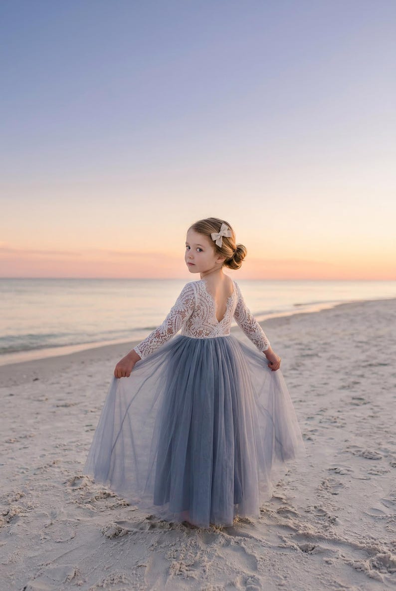 Dusty Blue Flower Girl Dress with White Lace, Long Sleeve Wedding Dress for Girls, Romantic Gray Junior Bridesmaid Gown image 1