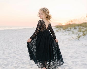 Black Paisley Boho Flower Girl Dress, Rustic Vintage Lace Dress, Bohemian Proposal Outfit, Girls Wedding Party Dress