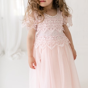 May include: A pale pink dress featuring a round neckline with intricate lace trim, short lace sleeves, and a bodice adorned with floral lace overlays. The skirt is constructed from multiple layers of soft, sheer tulle fabric that falls to the floor.