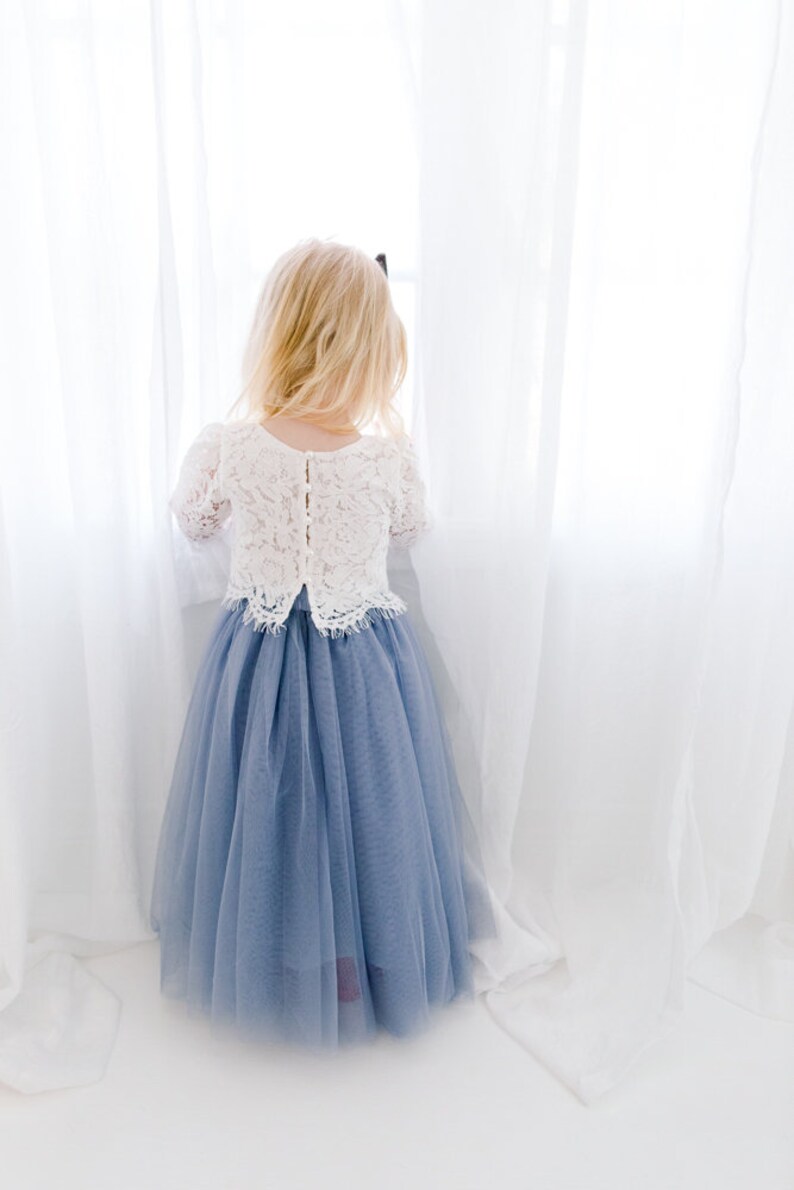 Slate Charcoal Blue Dusty Gray High Waisted Boho Beach Wedding Bohemian Tulle Two Piece Tutu Skirt White Lace Flower Girl Dress Buttons