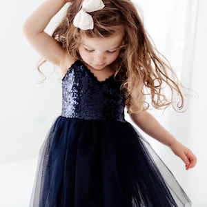 Navy Blue Flower Girl Dress, Midnight Blue Wedding Gown, Baby Girl Birthday Dress, Girls Spring Dresses