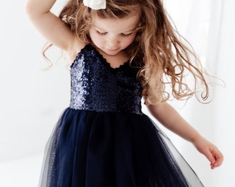 Navy Blue Flower Girl Dress, Midnight Blue Wedding Gown, Baby Girl Birthday Dress, Girls Spring Dresses