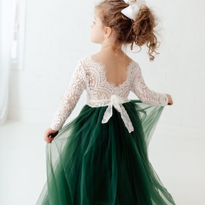 White Lace Flower Girl Dress, Hunter Green Tulle, Long Sleeve Wedding Dress, Floor Length Boho, Infant Flower Girl Dress image 1