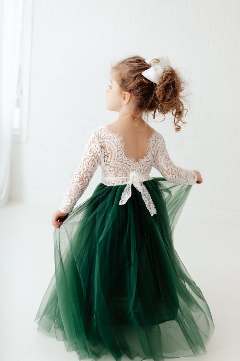 White Lace Flower Girl Dress, Hunter Green Tulle, Long Sleeve Wedding Dress, Floor Length Boho, Infant Flower Girl Dress image 1