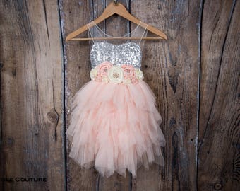 Silver Sequin Dress, Blush Pink Tulle Flower Girl Dress, Boho Chic Dress, Birthday, Elegant, Stylish, Boho Chic-- Jillian