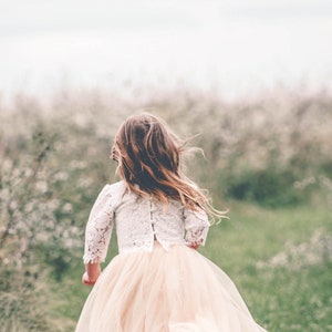 White Lace Flower Girl Dress with Champagne Tulle Tutu Skirt, Two Piece Boho Fairy Wedding Outfit for Girls image 10