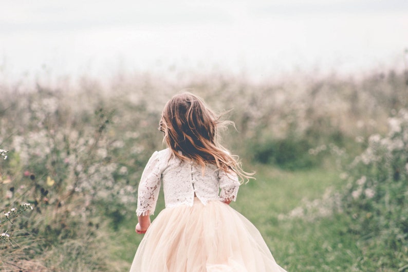 White Lace Flower Girl Dress with Champagne Tulle Tutu Skirt, Two Piece Boho Fairy Wedding Outfit for Girls image 10