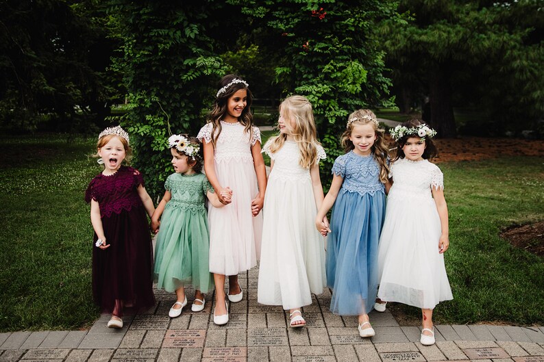 Sage Green Bohemian Flower Girl Dress, Lace Tulle Wedding Dresses for Girls, Rustic Eucalyptus Wedding Outfit image 13
