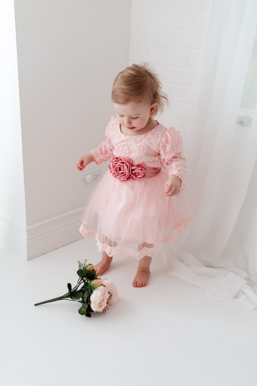 Pink Lace Baby Dress, Long Sleeve Flower Girl Dress, Floral Boho