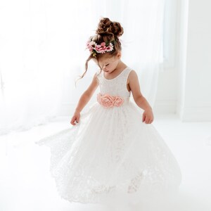 Boho Lace Flower Girl Dress, White Tulle Wedding Dress for Girls, Beach Rustic Bohemian Junior Bridesmaid Gown image 10
