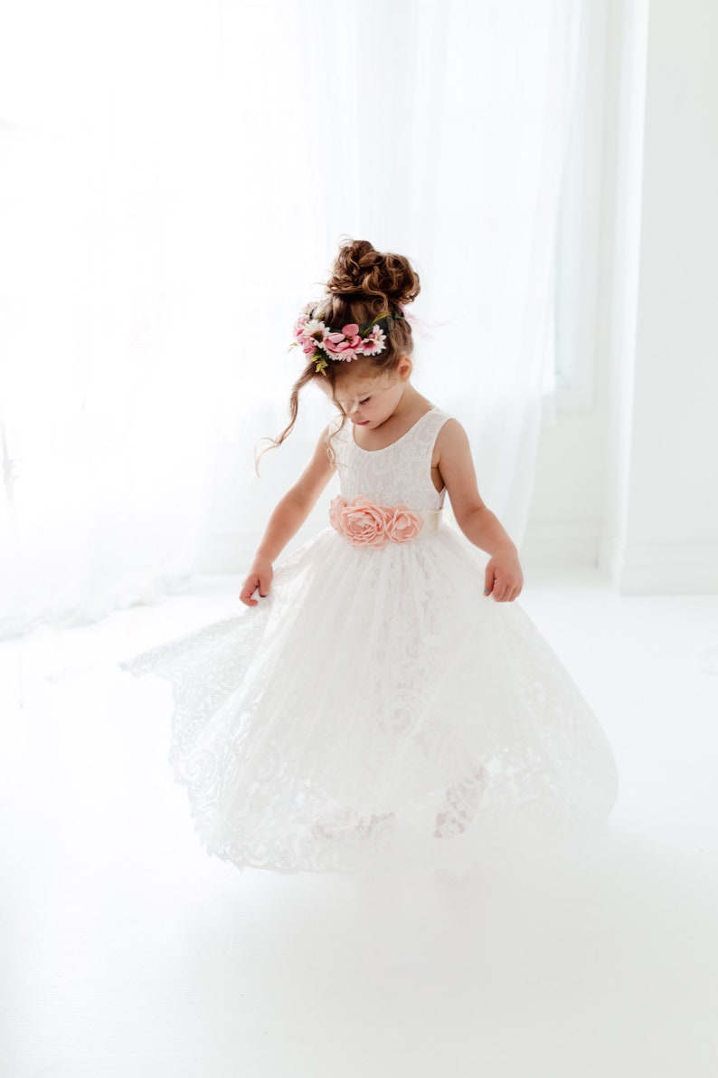 Boho Lace Flower Girl Dress, White Tulle Wedding Dress for Girls, Beach Rustic Bohemian Junior Bridesmaid Gown image 10