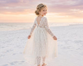 Cream Boho Lace Flower Girl Dress, Tulle Bohemian Wedding Dress for Girls, Special Occasion Junior Bridesmaid Gown