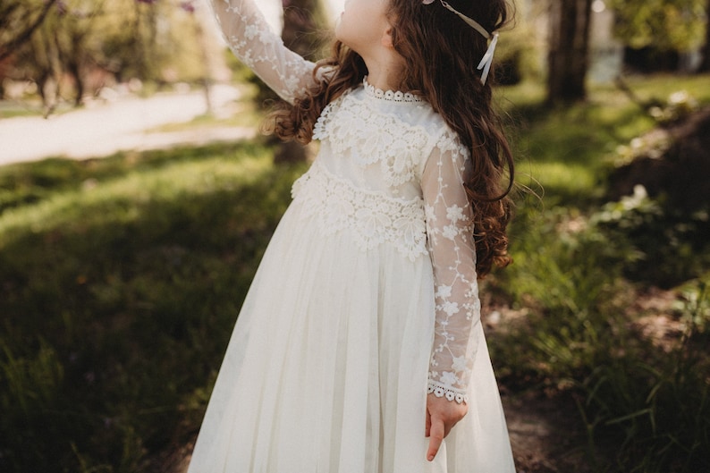 Bohemian Lace Flower Girl Dress, Rustic Ivory Tulle Wedding Dress, Bohemian Lace Dress, Boho Christening Gown, Baptism Dress image 2