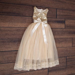 Champagne Gold Flower Girl Dress, Long Sequin Ball Gown, Ivory Beige Boho Lace Dress, Bohemian Beach Wedding Girl Outfit image 5