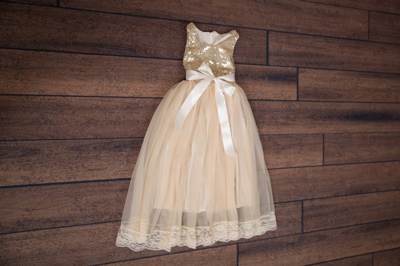 Champagne Gold Flower Girl Dress, Long Sequin Ball Gown, Ivory Beige Boho Lace Dress, Bohemian Beach Wedding Girl Outfit image 5