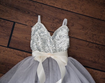 Silver Sequin Flower Girl Dress, Infant Gray Tulle Wedding Gown, Romantic Princess Grey Tutu, Boho Chic Beach Bohemian Birthday Girl