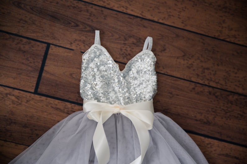 Silver Tulle Flower Girl Dress, Rustic Gray Sequin Girls Spring Dresses, 1st Birthday Dress 