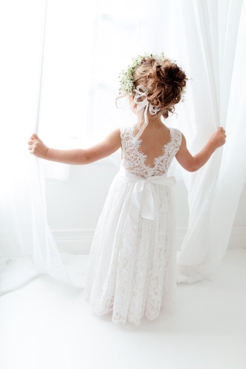 White Boho Flower Girl Dress with Tulle, Rustic Wedding Girl Dress, Bohemian Junior Bridesmaid Dress, Flower Girl Proposal Outfit image 8