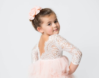 Boho Lace Flower Girl Dresses, Blush Tulle Long Sleeve Wedding Dress, Will You Be My Flower Girl Proposal. Arielle