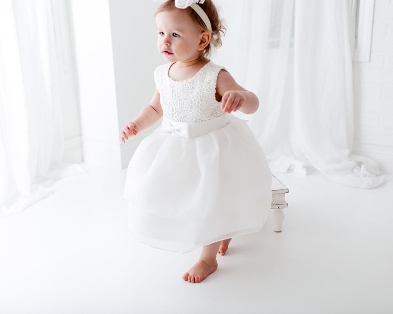 Satin Christening Gown, Newborn Baby Baptism Dress, Tulle Flower Girl Dresses image 1