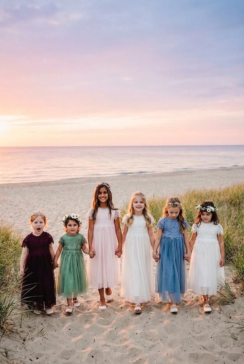 Sienna witte boho bloemenmeisjesjurk, kanten lijfje tule rok voor feest, rustiek gehaakte trouwjurk afbeelding 5