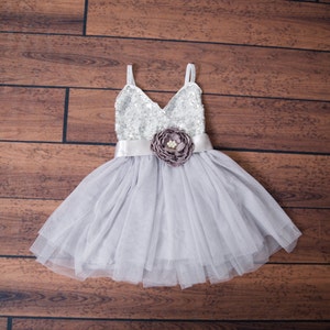 Silver Flower Girl Dress, Gray sequin dress, Gray Tulle, Navy Grey Cream Wedding, Sash Belt set, glitter dress, Flower Girl Proposal image 3