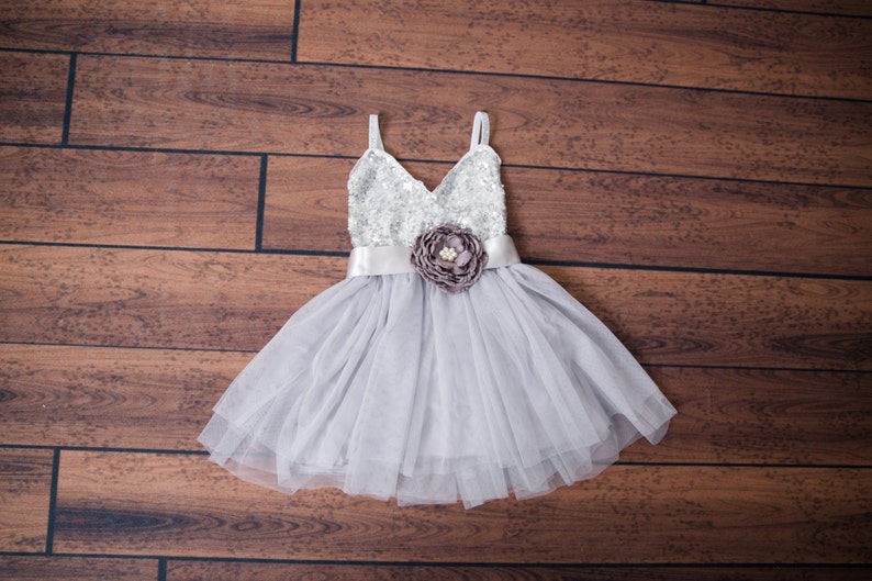 Silver Flower Girl Dress, Gray sequin dress, Gray Tulle, Navy Grey Cream Wedding, Sash Belt set, glitter dress, Flower Girl Proposal image 3