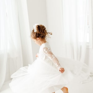 Long Sleeve Lace Flower Girl Dress, Rustic White Tulle Wedding Outfit for Girls, Bohemian Christening Gown, Baby Baptism Dresses image 6