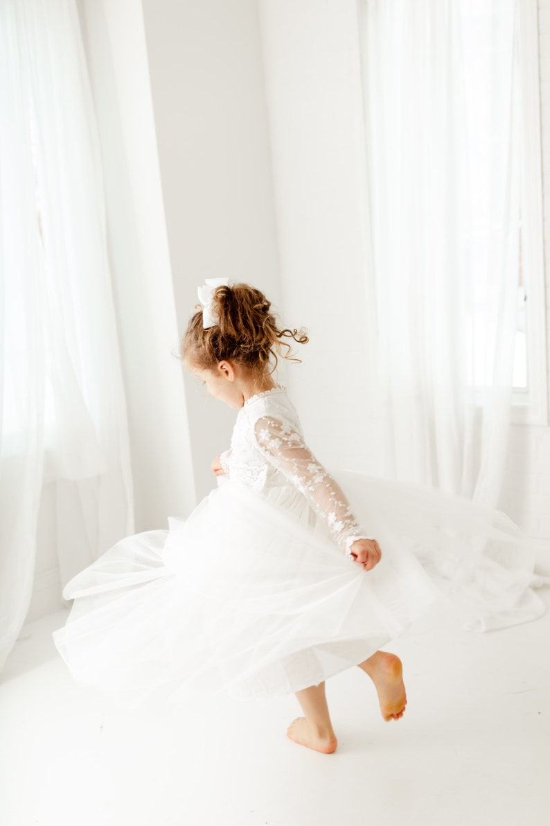 Long Sleeve Lace Flower Girl Dress, Rustic White Tulle Wedding Outfit for Girls, Bohemian Christening Gown, Baby Baptism Dresses image 6