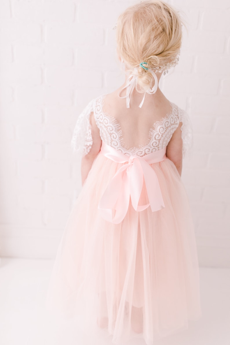 Blush Pink Tulle Short Sleeve Wedding Gown, White Lace Floor Length Flower Girl Dress, Ball Gown, Boho Chic Beach, Dusty Rose Spring. Aria image 3