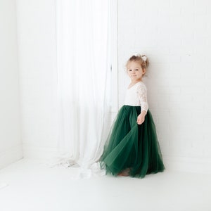 White Lace Flower Girl Dress, Hunter Green Tulle, Long Sleeve Wedding Dress, Floor Length Boho, Infant Flower Girl Dress image 9