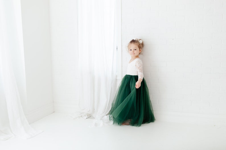 White Lace Flower Girl Dress, Hunter Green Tulle, Long Sleeve Wedding Dress, Floor Length Boho, Infant Flower Girl Dress image 9