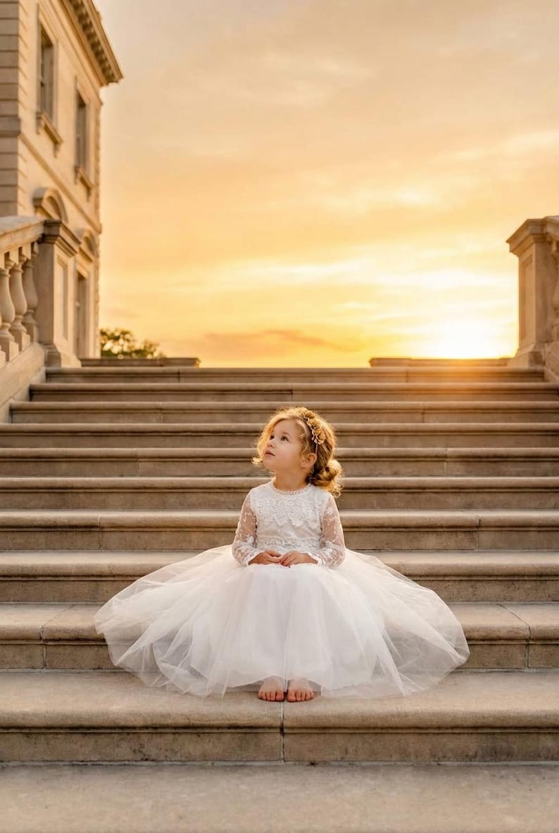 Long Sleeve White Lace Flower Girl Dress, Bohemian Tulle Christening Gown for Baby Girl, Baby Baptism Outfit image 1