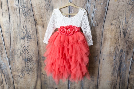 White Lace Flower Girl Dress, Coral Peach Tulle Long Sleeve Wedding Gown, Boho Chic Beach, Spring Easter Birthday Girl, Backless White Lace Flower Girl Dress, Coral Peach Tulle Long Sleeve Wedding Gown, Boho Chic Beach, Spring Easter Birthday Girl, Backless