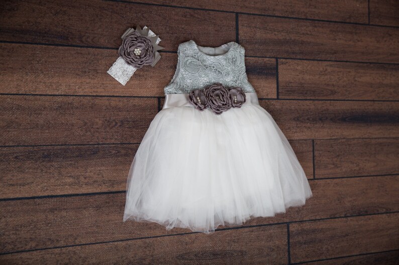 Gray Lace Flower Girl Dress White Tulle Ball Gown Modern Etsy