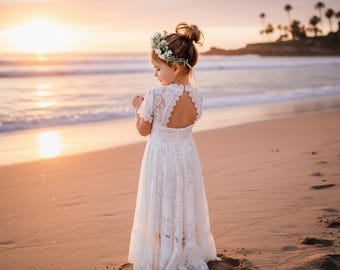 Bohemian White Flower Girl Dress, Rustic Tulle Wedding Dress, Will You Be My Flower Girl Proposal, Boho Dresses. Maya