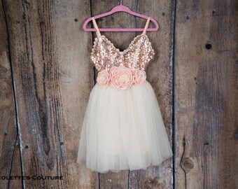 Rose Gold Blush Flower Girl Dress, Ivory Tulle Infant Toddler Rose